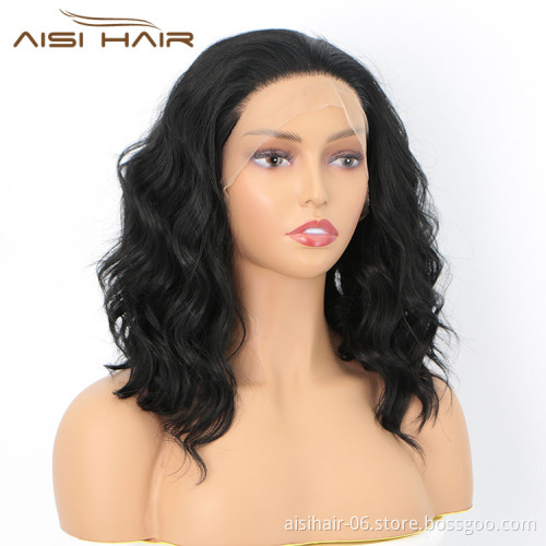 Aisi Hair New Design 16 Inch Body Wavy Natural Black Wig Long Wavy Swiss Lace Wig Synthetic Lace Front Hair Wigs For Black Women